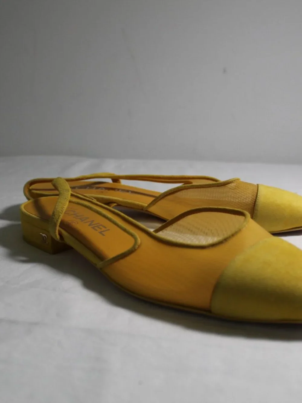 Chanel Yellow Slingback Ballet Flats Pumps Two Tone CC Suede Mesh 38